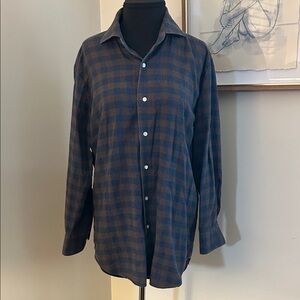 Peter Millar | Men's brown/navy cotton plaid long sleeve shirt-size medium